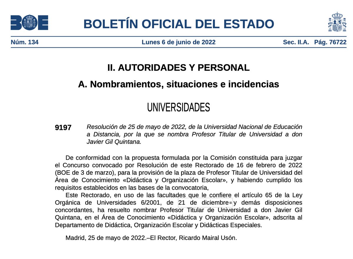 Hoy ha publicado el BOE mi nombramiento como profesor titular de la UNED. ¡Gracias a todas las personas que han contribuido a este proyecto!