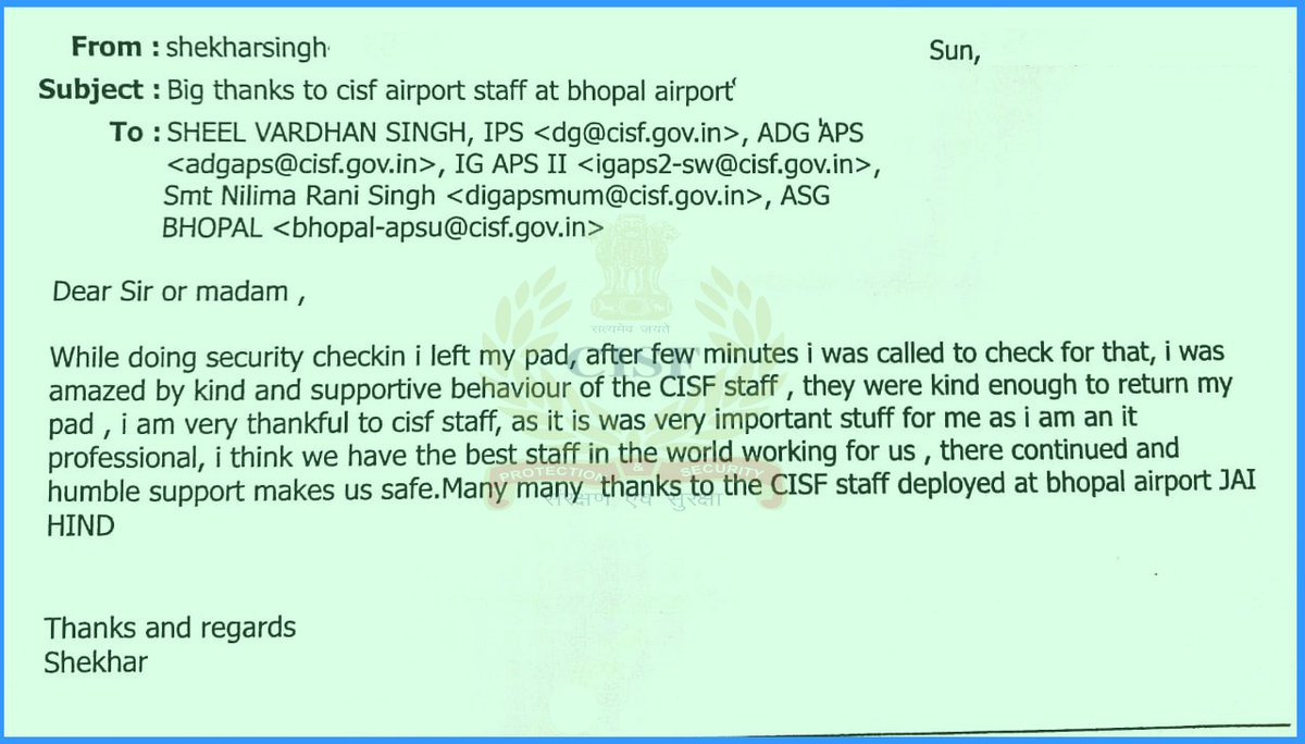 CISFHQrs's tweet photo. CISF strives for highest standards of professionalism, honesty &amp; integrity. Your valuable words of gratitude invigorate our personnel to serve the nation and people with renewed vigour &amp; passion. Thanks a lot.  @HMOIndia @MoCA_GoI https://t.co/8vGexYlVKp