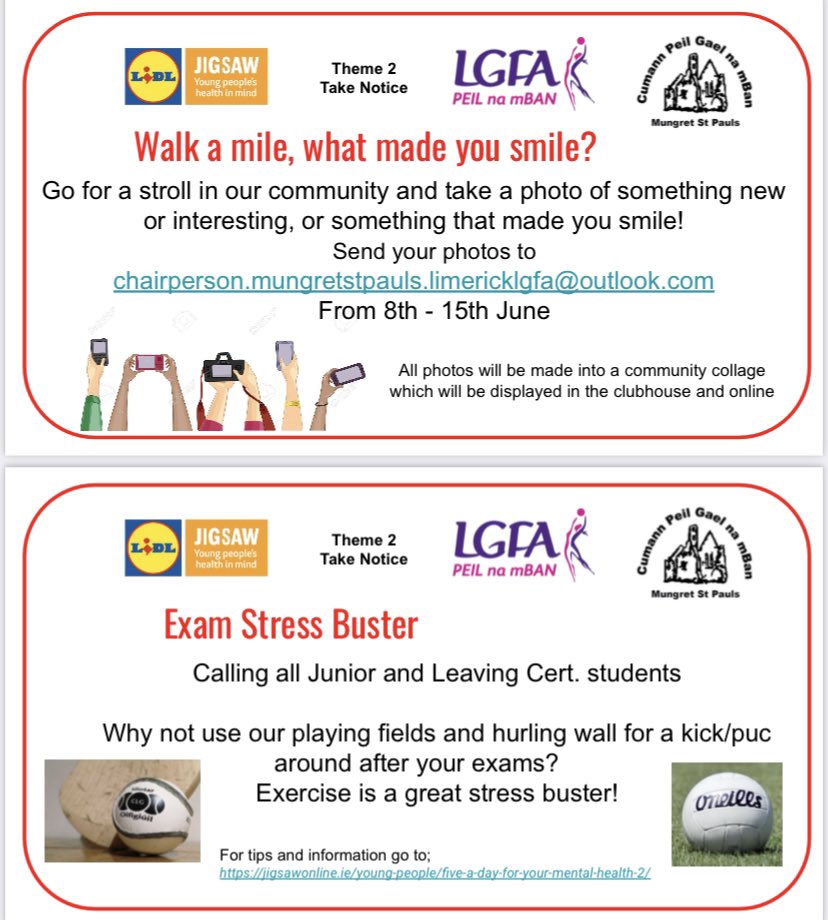 mungretgaa's tweet photo. #OneGoodClub 

Here’s the theme for our next two events 

❤️ Walk a Mile, What Made You Smile? 

❤️ Exam Stress Buster 

🙌🏼 @lidl_ireland @JigsawYMH @LimerickCLG @LadiesFootball https://t.co/1KQMnx7sK2