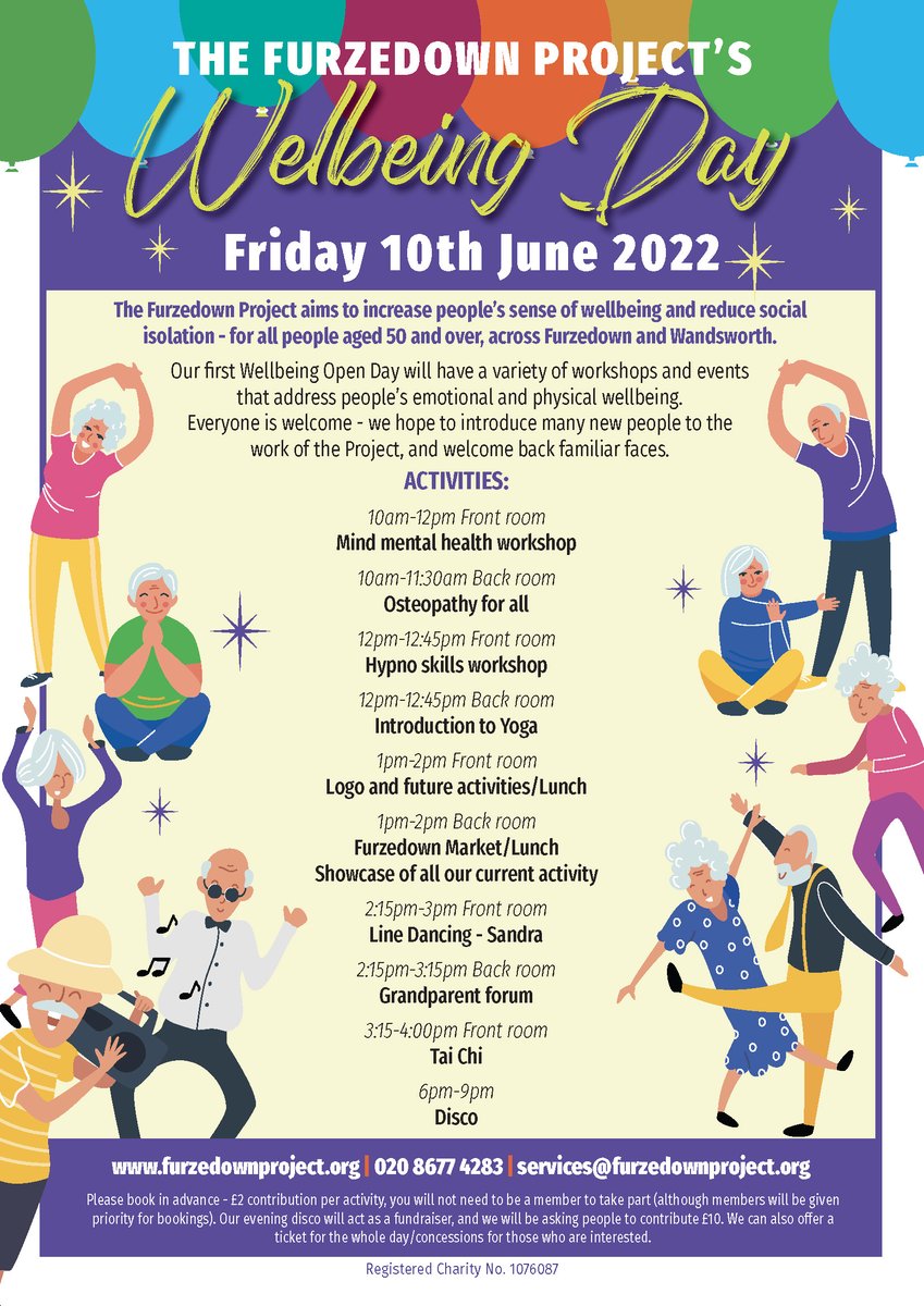 We are getting very excited about our Wellness Day this Friday.
We have a fantastic line-up of trial sessions, workshops and activities, including line-dancing, Hypno-skills, Tai-Chi and a fun fundraising disco!
Please come along - everyone, of all ages are welcome