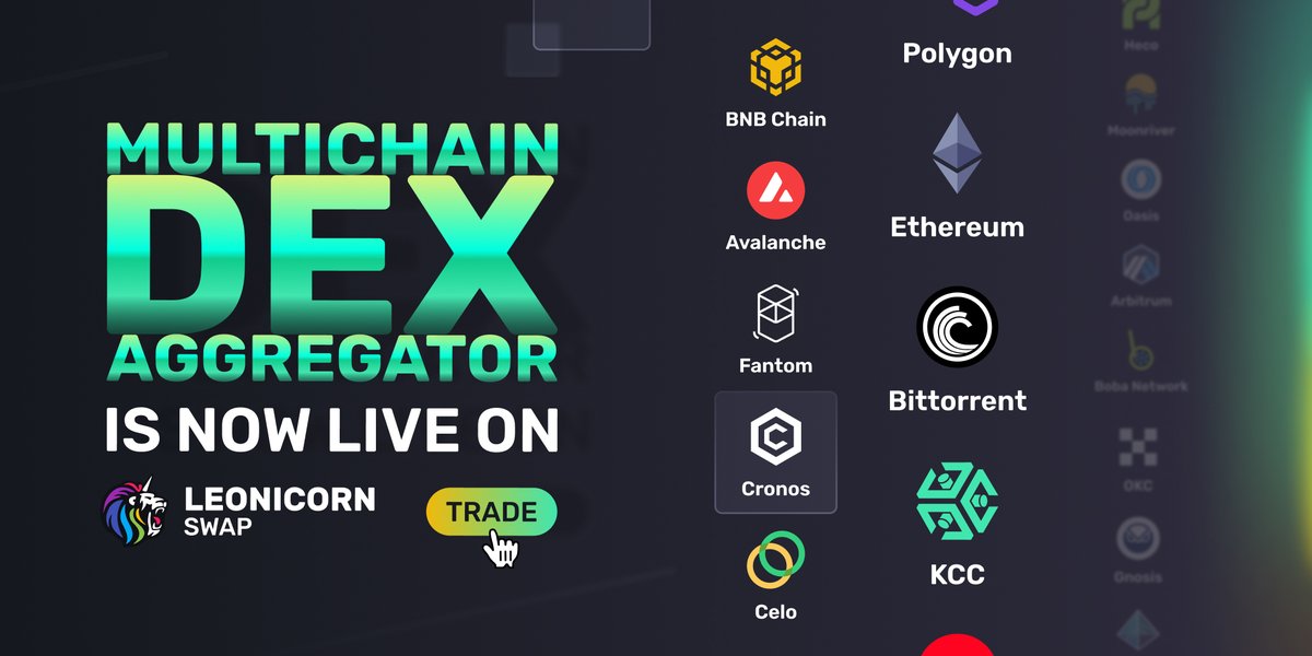 swapleonicorn's tweet image. We are happy to announce that #LeonicornSwap launched one of the Biggest multichain Dex aggregators. You can now trade more than 19+ Chains and 3000+ token Pairs on #LeonicornSwap at the best rates.   

dex.leonicornswap.com/home

#MVBIV #Binance #Ethereum #Avalanche #Optimism