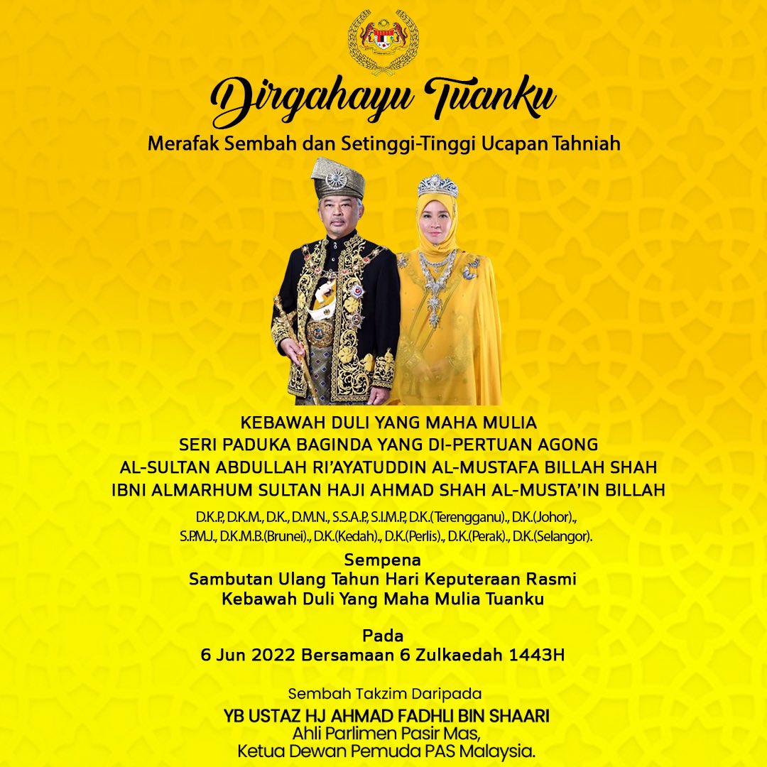 DIRGAHAYU TUANKU, DAULAT TUANKU

Semoga Allah melindungi Tuanku dunia dan akhirat.

#DaulatTuanku