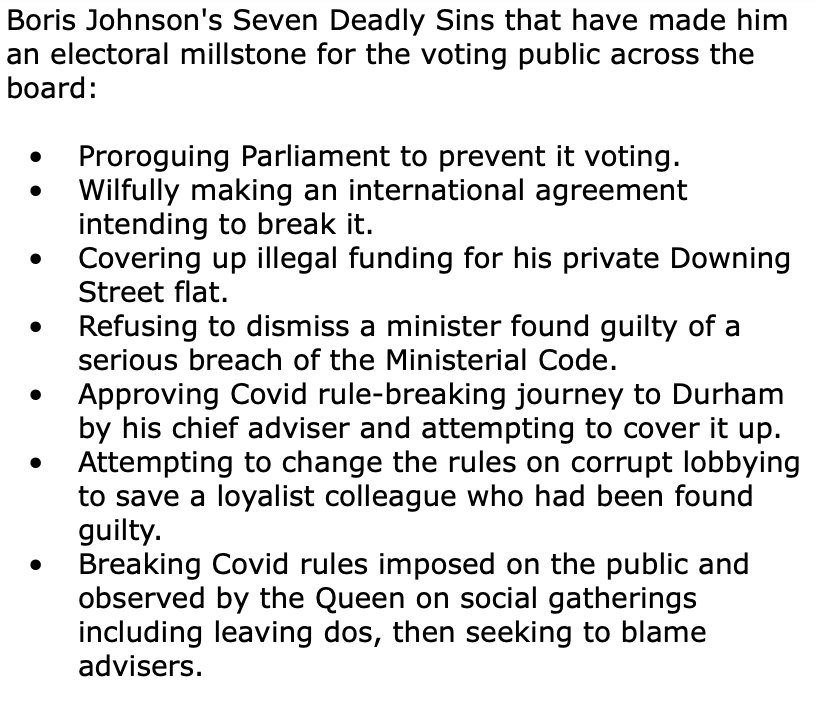 IvoPeart's tweet photo. Boris Johnson's Seven Deadly Sins that have made him an electoral millstone for the voting public in all parts of the country. https://t.co/JElIMlUEWK
