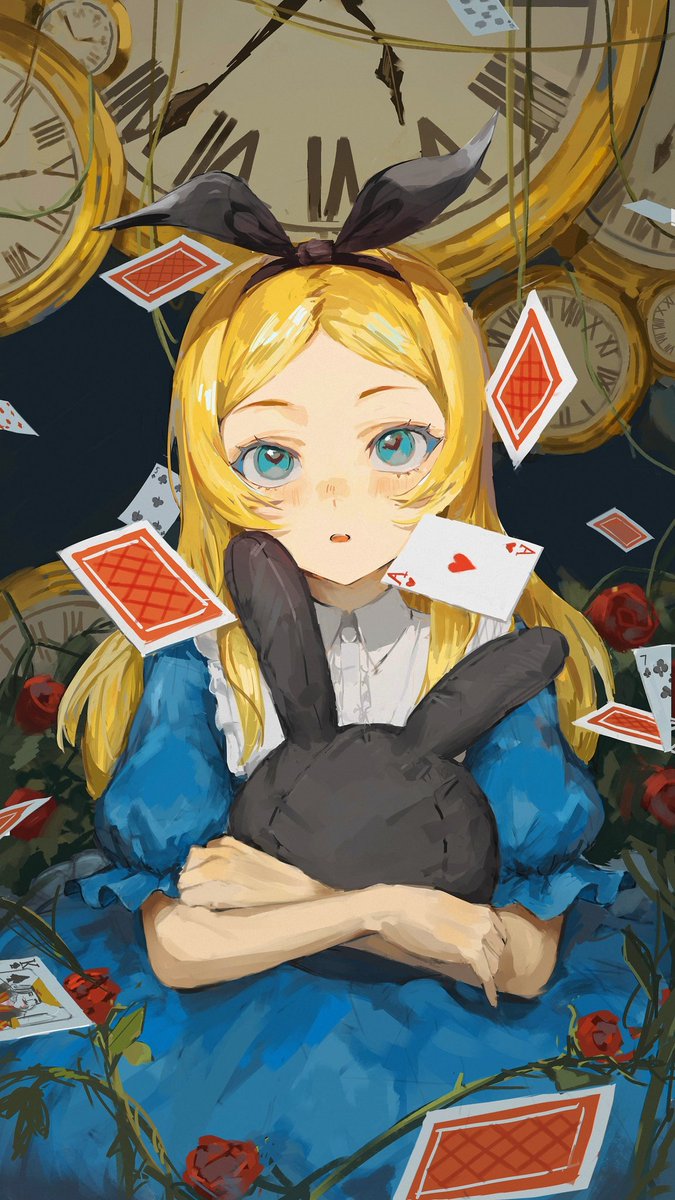 alice (alice in wonderland) 1girl blonde hair dress long hair card blue eyes solo  illustration images