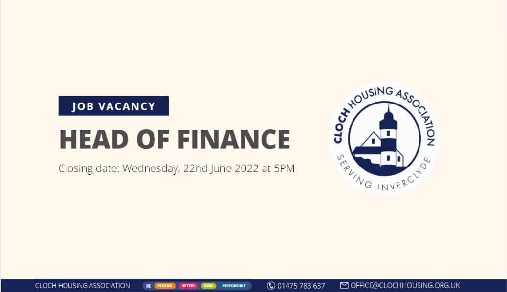 We are hiring!
Head of Finance
Hours of Work (35 per week)
Grade 9 (Points 12 to 14): £61,766 - £64,656
Closing date: Wed 22 June 2022 at 5PM
Full details, including how to apply can be found by visiting: 
clochhousing.org.uk/current-vacanc…
#jobs #housingjobs #finance #recruiting