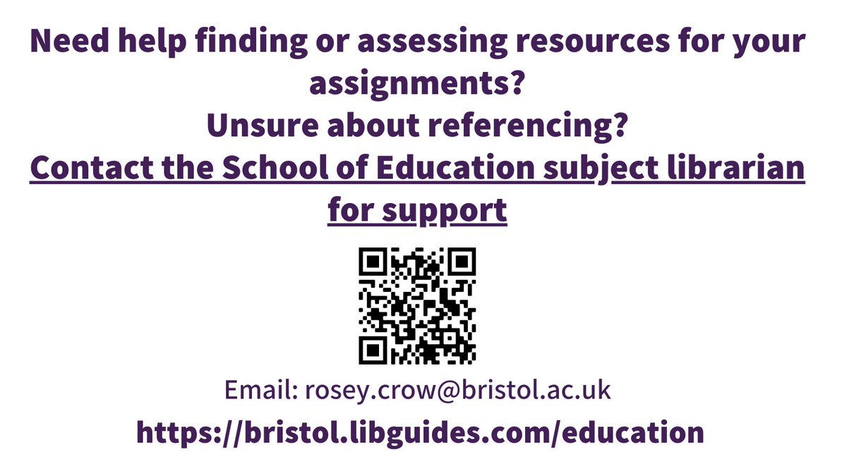 📣 CALLING <a href="/SOEBristol/">School of Education | University of Bristol</a> STUDENTS 📣

Do you need help finding or assessing resources for your assignments? Are you unsure about referencing?

Contact the <a href="/SOEBristol/">School of Education | University of Bristol</a> subject librarian Rosey Crow for support.

➡️ tinyurl.com/mr2chdxf