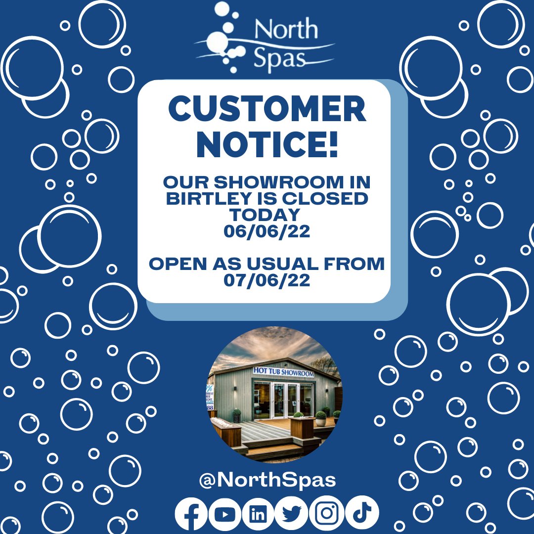 Customer Notice 🚨🚨
This is Due to staff training, however our Kingston park showroom will be open today.

#Northspas #Hottub