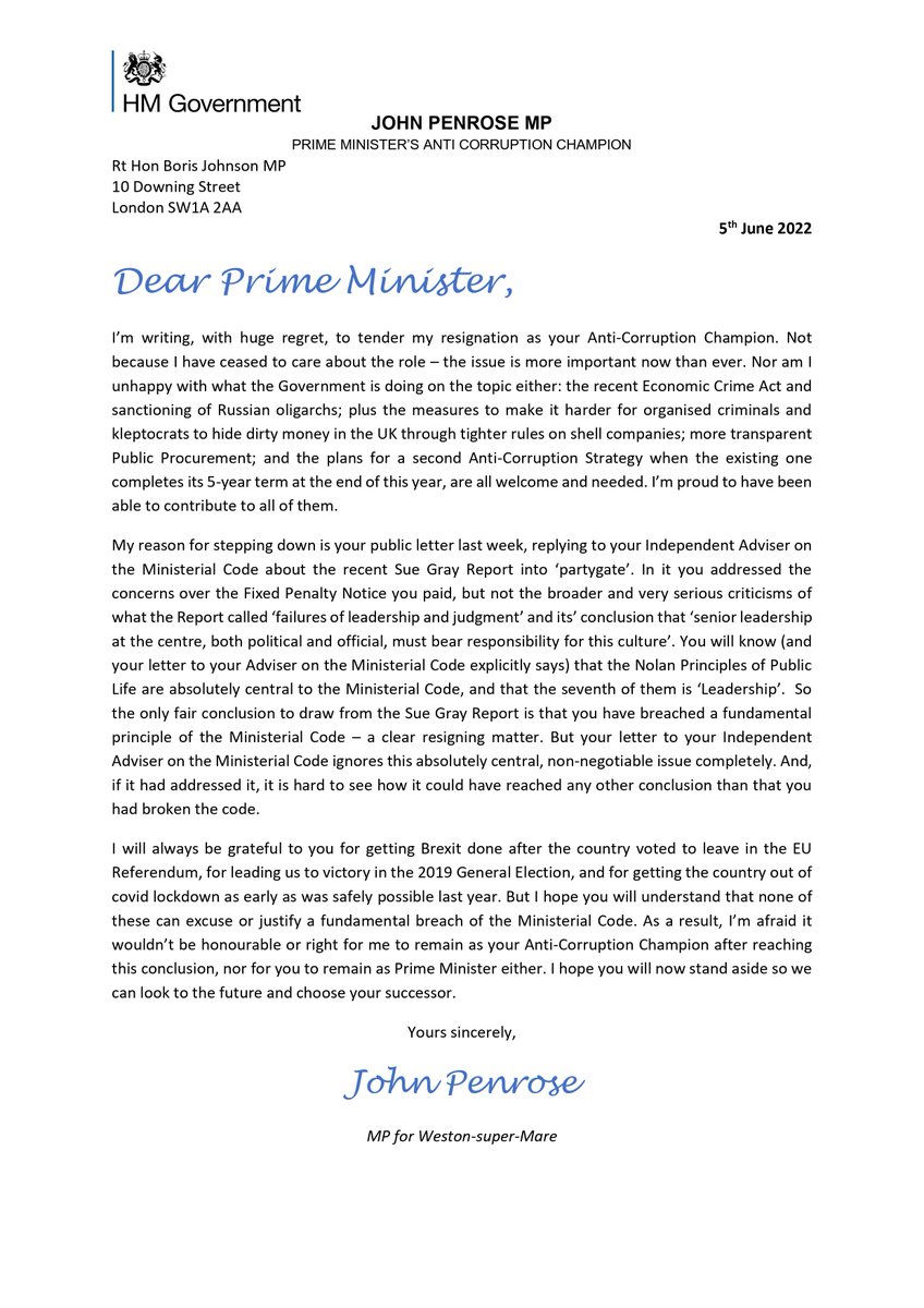 I’m sorry to have to resign as the PM’s Anti-Corruption Tsar but, after his reply last week about the Ministerial Code, it’s pretty clear he has broken it. That’s a resigning matter for me, and it should be for the PM too. Here’s my letter to him explaining why.