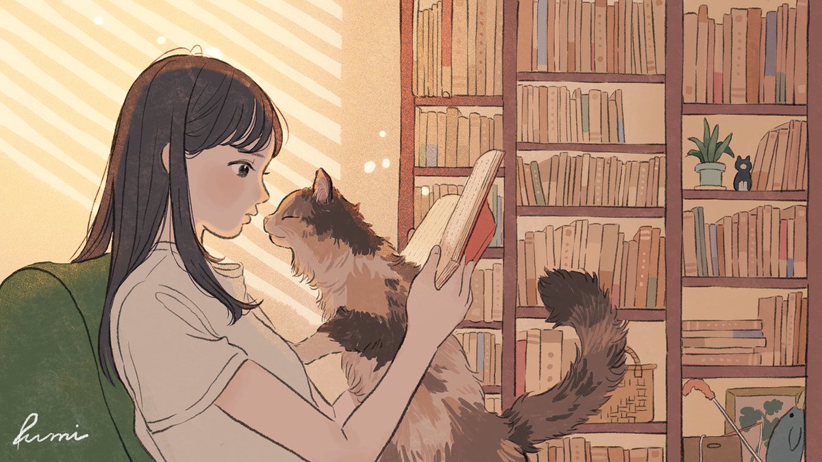 1girl book cat holding plant long hair shirt  illustration images