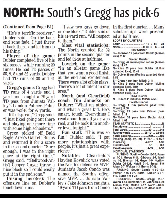 So proud of North MVP <a href="/SudsDubler/">Suds Dubler</a> . Sud's had 6 TD's (4 passing &amp; 2 rushing)...threw for 117 yards... ran for 126 as he led the North to a 44-34 win in the 2022 Lezzer Lumber Classic All-star Game! Way to represent! Good luck at @clarionu wrestling! <a href="/Glendalevikings/">Glendale Athletics</a>