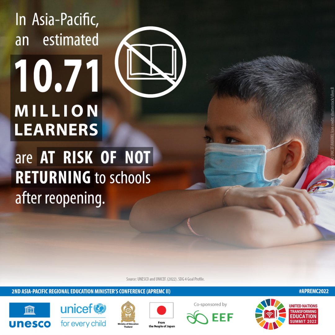 🚨 1.1 trillion hours of in-person learning have been lost in the Asia-Pacific due to COVID-19

➡️ Leading to a significant setback in the prospects for achieving #SDG4.

#TransformingEducation is 🔑, @Leogarnier will explain why during the #APREMC2022: 

bit.ly/APREMC2H