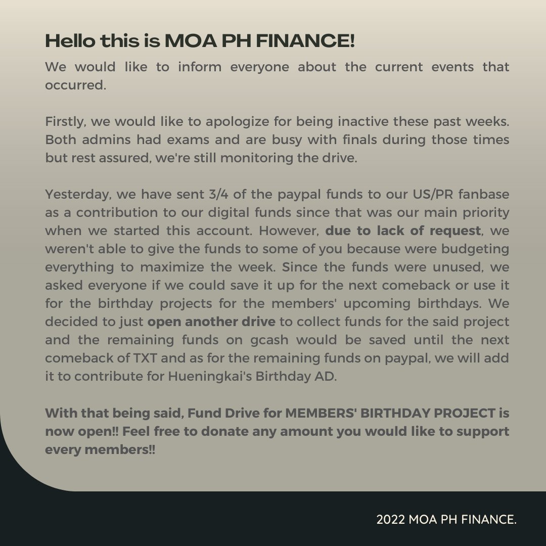 MOAPHinance's tweet photo. #PHinanceINQUIRY | UPDATE

Birthday Project Fund Drive is now open here MOAs!! You are welcome to donate any amount for HUENINGKAI's AD event!

DONATE HERE: https://t.co/AW66IlfX5p

#MOAPHinance #GOOD_BOY_GONE_BAD  
@TXT_members
 @TXT_bighit https://t.co/Sp1VvbPCOY