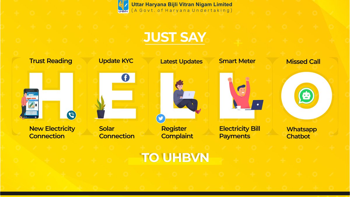 uhbvnpkl's tweet photo. We believe in #consumersatisfaction, hence we have made effective consumer #support system, a bunch of #Onlineservices and Smart way of consuming #electricity.

Just say "Hello" to #UHBVN

#DigitalIndia #Smartmeter #missedcall #trustreading #newconnection #updateKYC #chatbot https://t.co/2qvmsWR2QU