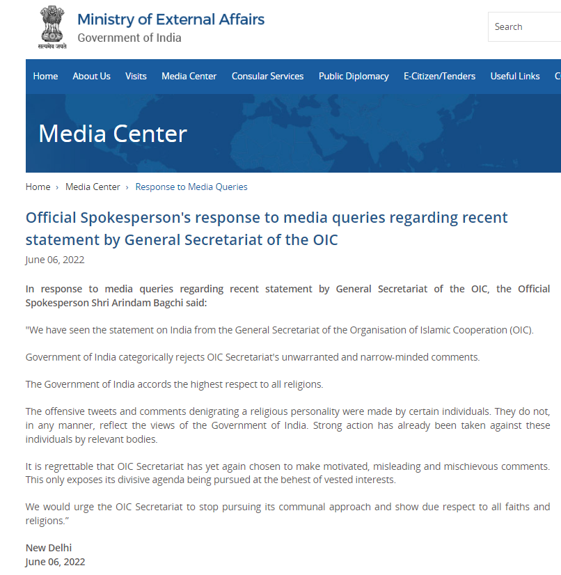 timesofindia's tweet photo. We have seen the statement on India from the #GeneralSecretariat of the OIC. Government of India categorically rejects OIC Secretariat's unwarranted and narrow-minded comments. The GOI accords the highest respect to all #religions: Ministry of External Affairs (MEA) https://t.co/Q2sg3Xg6Cc