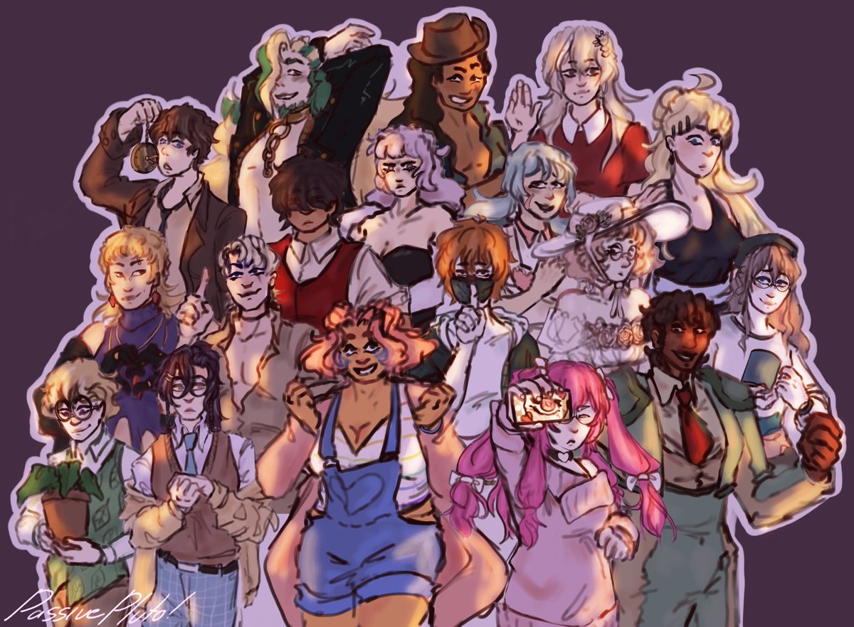 PassivePluto's tweet photo. My toxic trait is that I will joke about doing entire cast arts for killing games I’m in and then proceed to do it in less than 3 days😟

Sanyu, Masaki, and Kaneko owned by me,all other characters credited to original owners! 

(#art #droc #digitalart #oc #ocart #danganronpa ) https://t.co/jRTpin3ySI