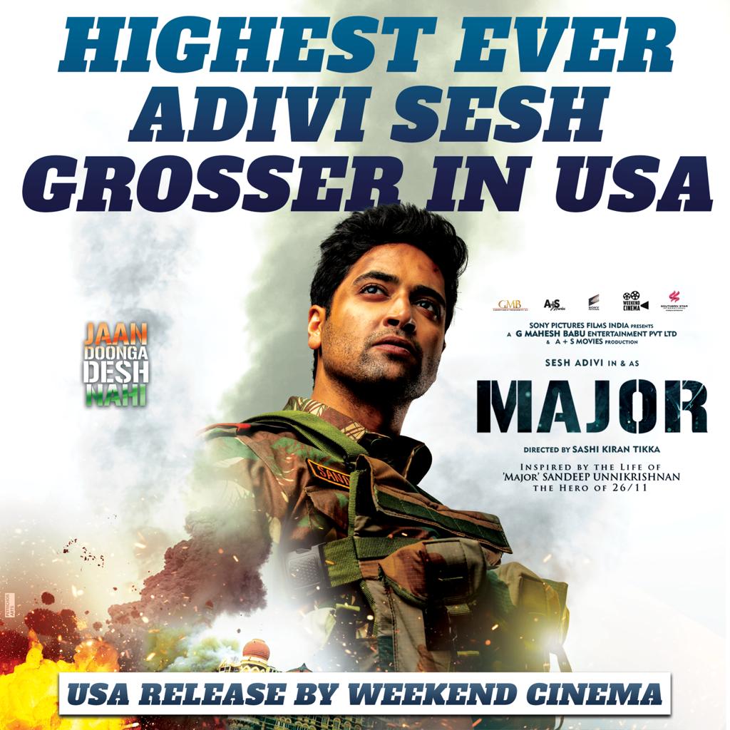 UrsVamsiShekar's tweet photo. #MajorTheFilm 🇮�� becomes highest grosser of @AdiviSesh within the 3rd day of its release!!! ❤️🔥❤️🔥
#Major marching towards 1M with 850K+ as of 9pm EST 💥🔥
#BlockbusterMAJOR 🔥 https://t.co/SaCFEPKa2k
