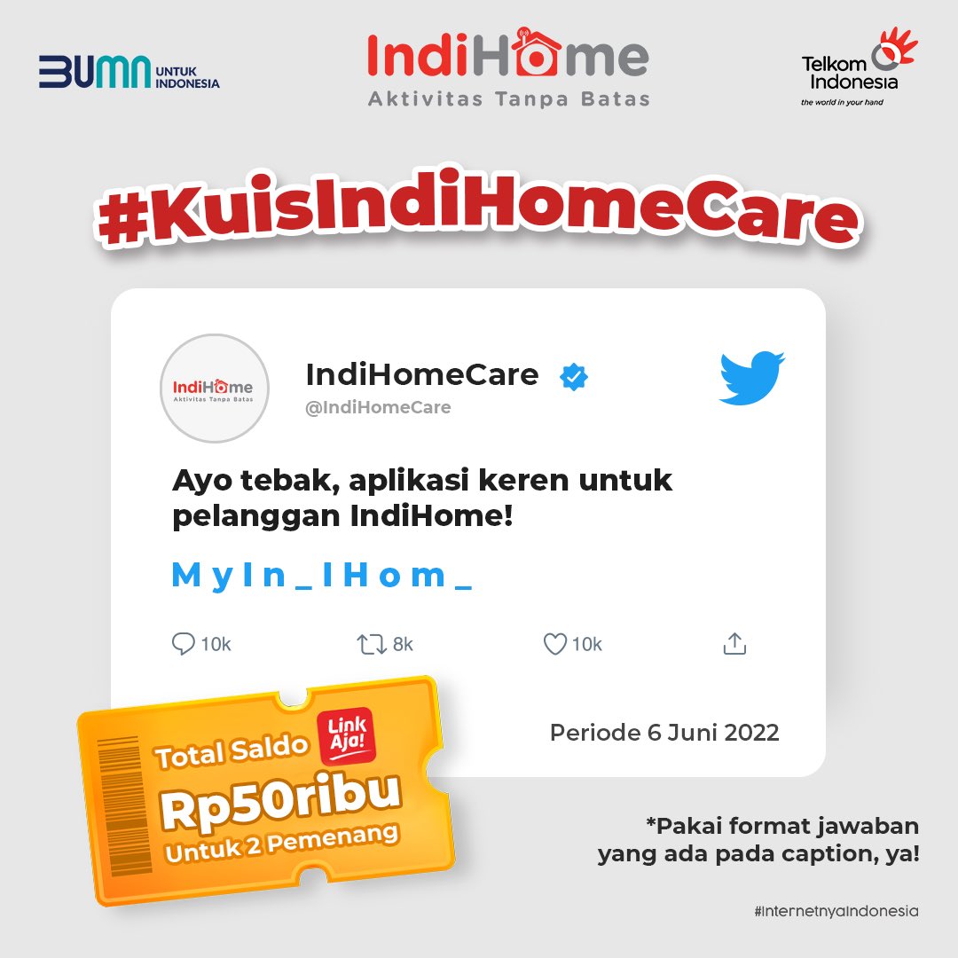 IndiHomeCare's tweet photo. Biar hari Seninmu makin semangat, mimin mau bagi-bagi hadiah, nih!

Yuk, jawab pertanyaan di bawah ini dan Kamu bisa mendapatkan hadiah saldo LinkAja Rp100.000 untuk 2 Sobat beruntung!🤩

Cantumkan tagar #KuisIndiHomeCare saat menjawab dan pastikan follow @IndiHomeCare ya! https://t.co/LLTU8uE3GO