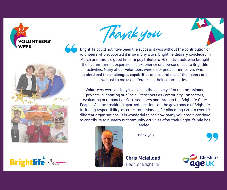 Thank you to all of the Brightlife volunteers for your commitment and expertise 🦋😀

"Brightlife could not have been the success it was without the contribution of volunteers who supported it in so many ways." Chris Mclelland, Head of Brightlife.

#VolunteersWeek #ProudToBeAgeUK