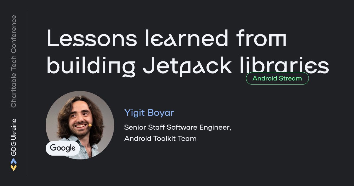 GDG DevFest Ukraine (@devfest_ukraine) on Twitter photo Our next speaker Yigit Boyar (<a href="/yigitboyar/">Yigit Boyar</a>) was building a few of the Jetpack libraries.
Join to learn what mistakes and best practices from Jetpack design and processes you can reuse while building your libraries and APIs. Our next speaker Yigit Boyar (<a href="/yigitboyar/">Yigit Boyar</a>) was building a few of the Jetpack libraries.
Join to learn what mistakes and best practices from Jetpack design and processes you can reuse while building your libraries and APIs.