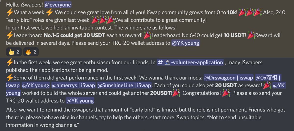 "Discord Server Invitation Contest" of the 1st week 
 finished!
⚡Leaderboard No.1-5 could get 20 USDT each as reward! 🎉No.6-10 could get 10 USDT! 🎉Reward will be delivered in several days!

More events are coming! Moderator application live!
#iSwap #Crosschain #USDT #ETH