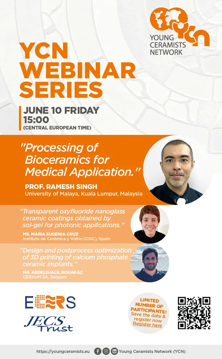 YoungCeramists's tweet photo. ❗️ Do not miss out on the webinar on June 10, 15:00 CEST about bioceramics, transparent nanoglass ceramic coatings and 3D printing organized by @SalimBrahimi19 & YCN! Register here! https://t.co/kfyEVzuTka
#JECSTrust #YoungCeramists #Biomaterials #Coatings #3Dprinting #Webinar https://t.co/Bv38UdNhZa