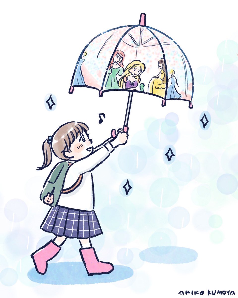 お気に入りの傘を持つ女の子 左 お気に入りの傘を持つ我が息子 右 今日はさ くもやあきこのイラスト