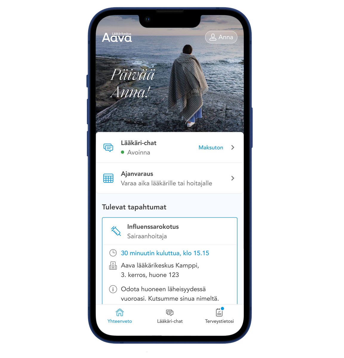 Hyvä työterveysasiakkaamme, Aava-sovellus on nyt ulkona. Se sisältää käynteihin liittyvät terveystiedot sekä lääkäri-chatin. Chatissa saa nopeasti apua akuutteihin vaivoihin ilman ajanvarausta. Sovellus on App Storessa ja Google Playssa nimellä ”Aava”. Tervetuloa käyttäjäksi!
