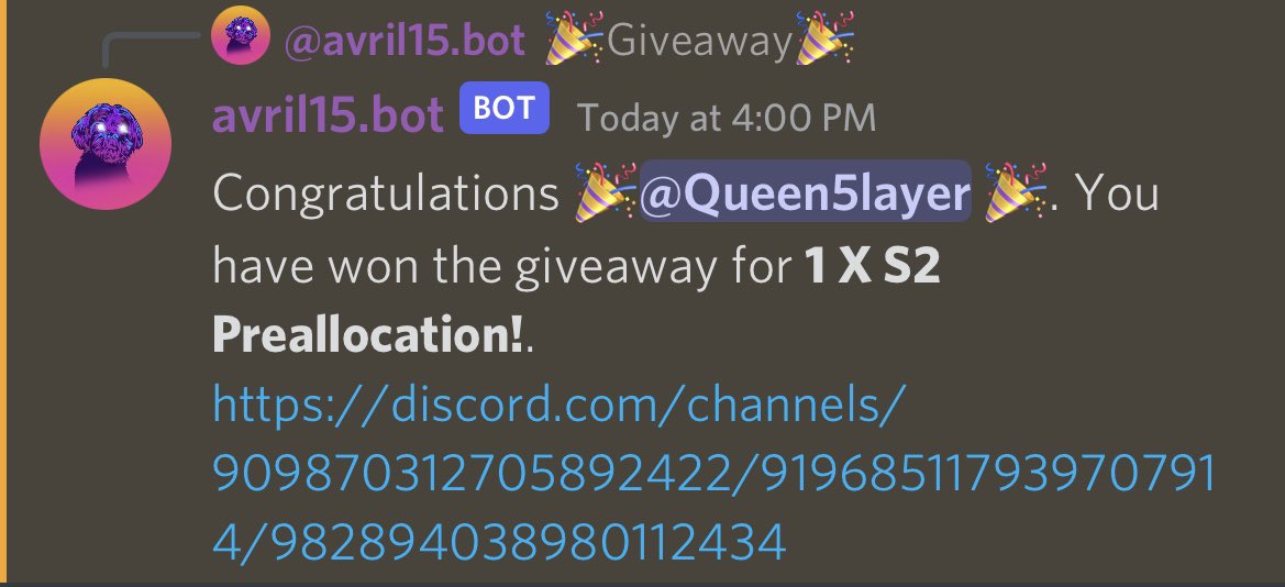 queen5layer's tweet image. The best notification to receive!!! 🙌🏼 
Winning a S2 preallocation spot for @avril15NFT 
Day made!! 🤩
