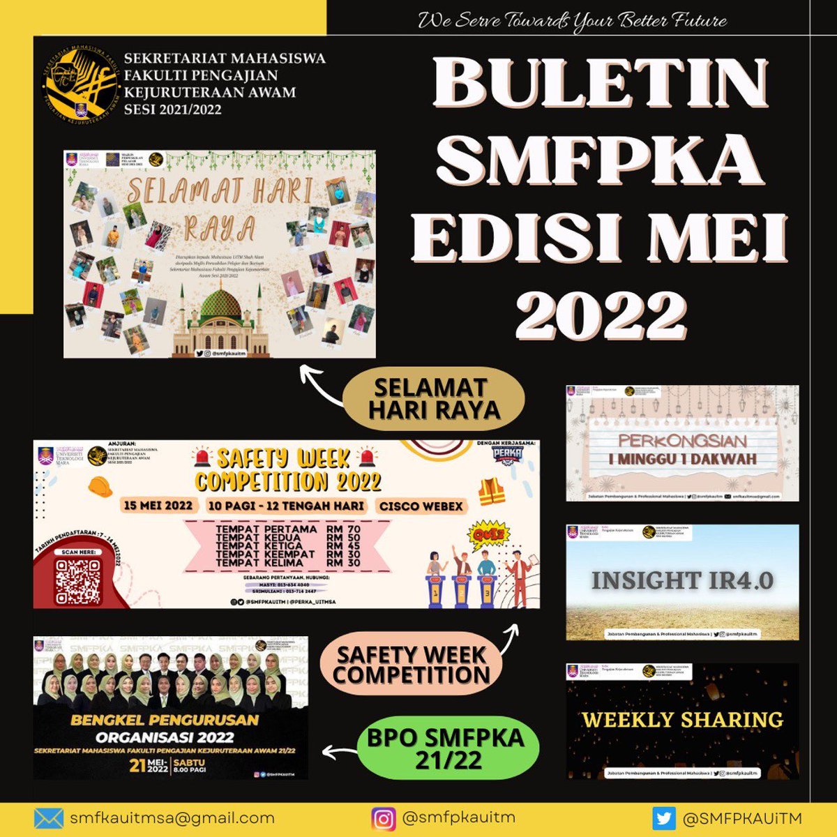 SMFPKAUiTM's tweet photo. Assalamualaikum wbt,
Salam Sejahtera,
Salam UiTM DiHatiku.

[BULETIN SMFPKA EDISI MEI 2022]

Merujuk kepada perkara di atas, sukacitanya dimaklumkan bahawa pihak Sekretariat Mahasiswa Fakulti Pengajian Kejuruteraan Awam (SMFPKA) telah mengeluarkan Buletin Bulanan Edisi Mei. https://t.co/int0o7VIet