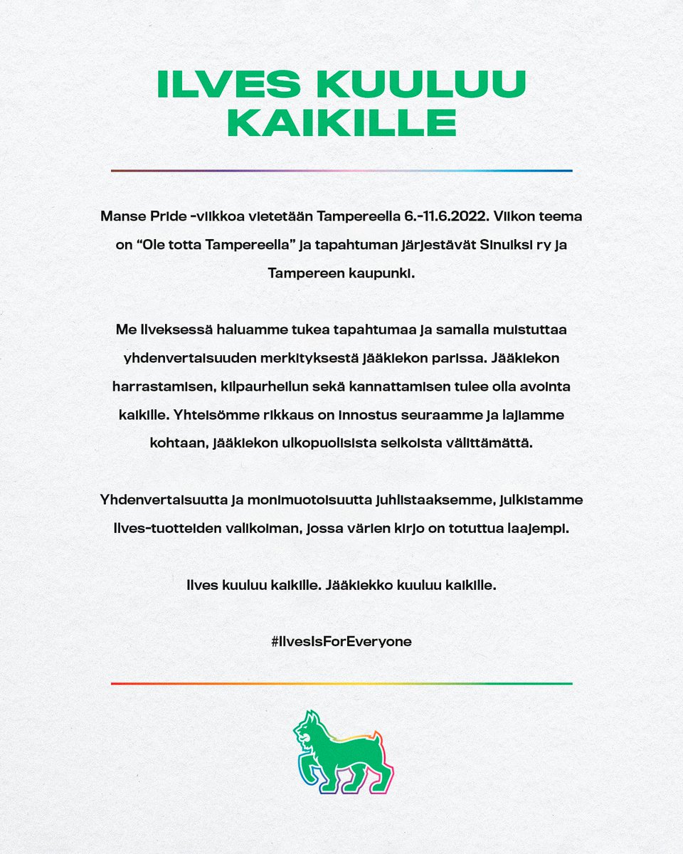 Ilves kuuluu kaikille. Jääkiekko kuuluu kaikille. #IlvesIsForEveryone #Tampere #OleTottaTampereella