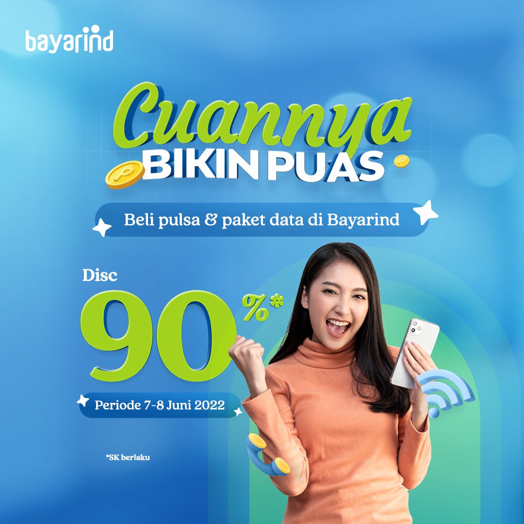 Puas telponan sampe internetan, hematnya kebangetan! Ada diskon pulsa &amp; paket hingga 90% yang bisa kamu dapetin di Bayarind. Hanya berlaku di tanggal 7-8 Juni 2022. Jangan sampai kelewatan, S&amp;k berlaku!