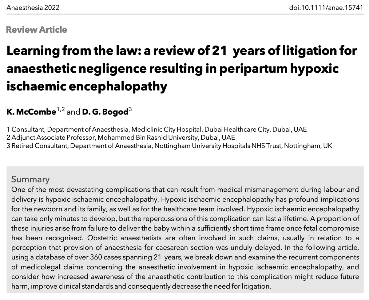 Anaes_Journal's tweet image. 🔐Learning from the law: a review of 21 years of litigation for anaesthetic negligence resulting in peripartum hypoxic ischaemic encephalopathy.

This great new paper from @BogodDavid is available on #EarlyView and is #FreeForAWeek! 

🔗…-publications.onlinelibrary.wiley.com/doi/10.1111/an…
