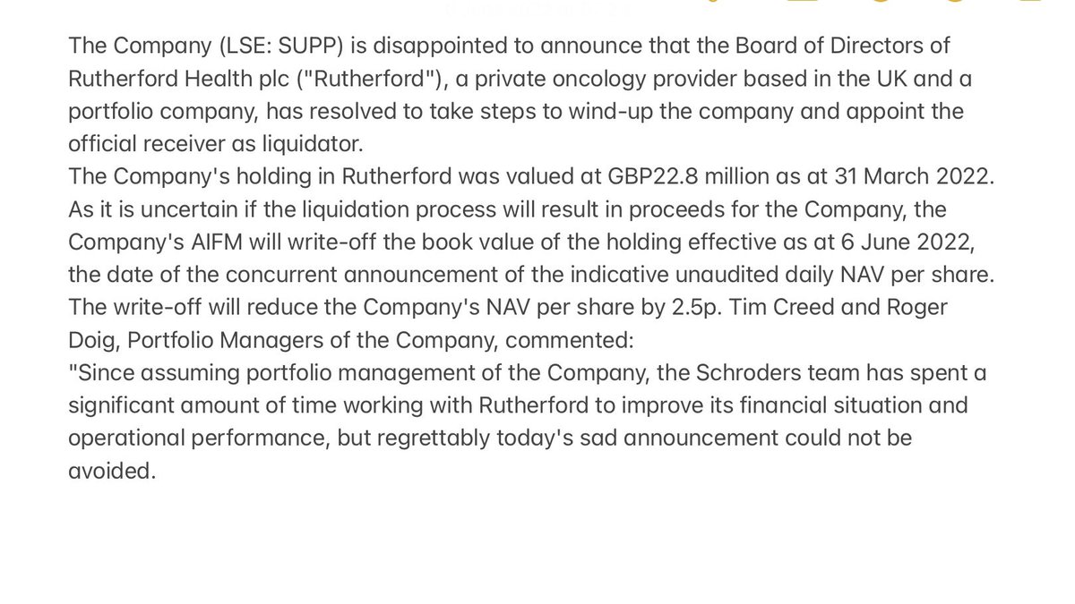 RidyardMike's tweet photo. #SUPP (Ex #WPCT)Rutherford Health preparation to wind-up
Another Woodford investment gone wrong.❌
Fortunately Only 2.5p reduction in NAV. 
I hold🙁👇#RecoveryPlay 
https://t.co/pOlMOqdjk5 https://t.co/nXN3GivXF9