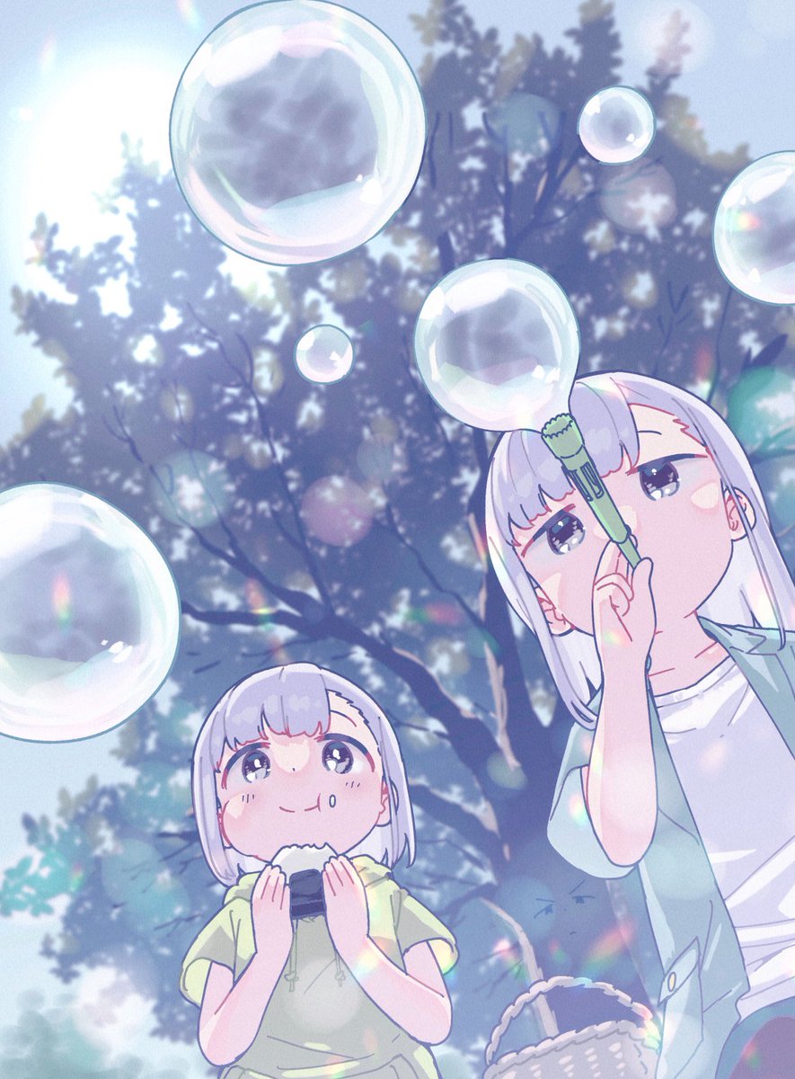 2girls multiple girls onigiri eating bubble tree food  illustration images