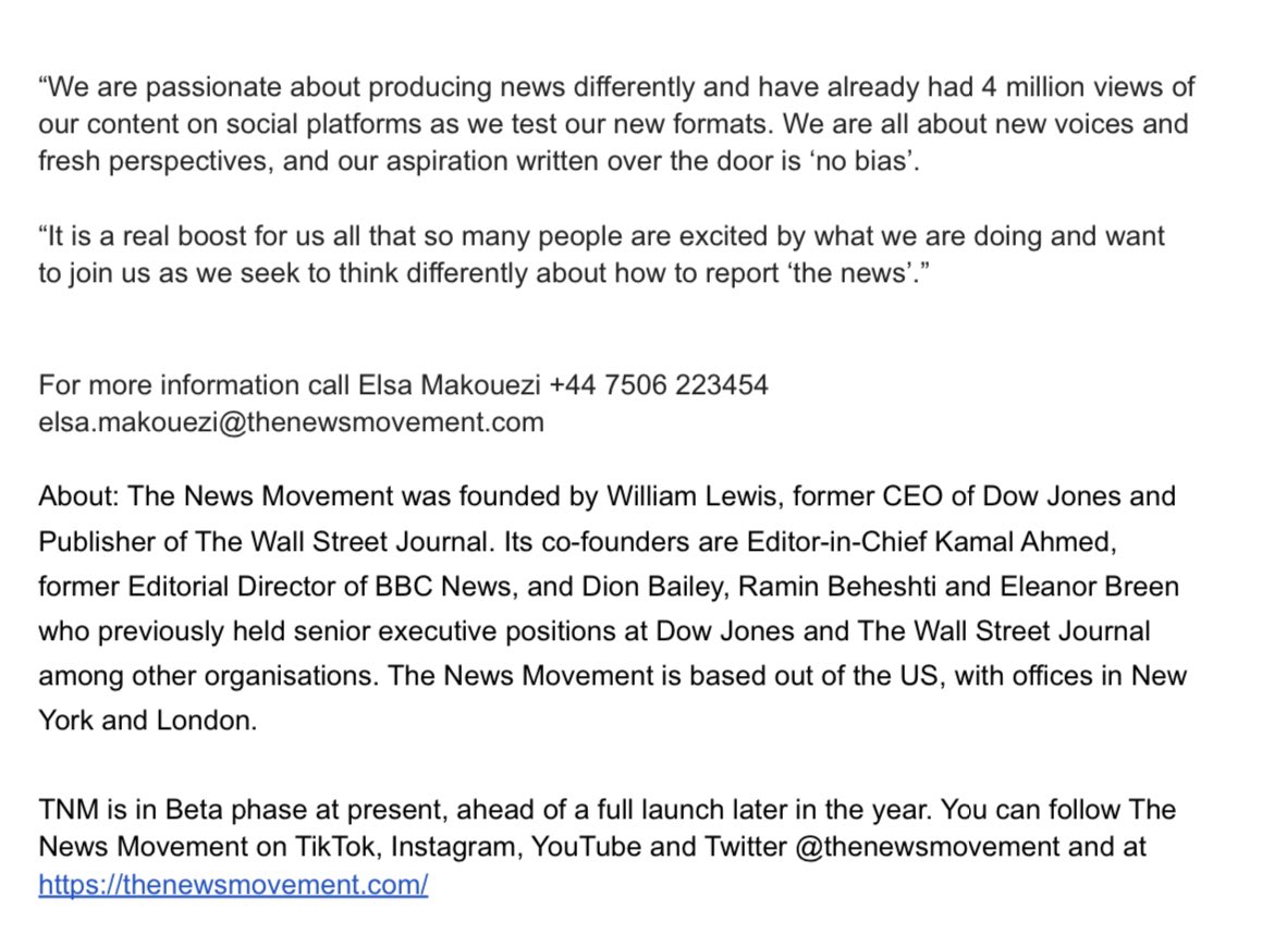 🚨Delighted to welcome senior journalists and brilliant young talent to <a href="/thenewsmovement/">The News Movement</a> We are building a vibrant team to help tell the news differently
👋🏽 <a href="/thejohnsimpson/">John Simpson</a> <a href="/KuriousKaf/">K</a> <a href="/EmmaLBentley/">Emma Bentley</a> <a href="/marymandefield/">mary mandefield</a> <a href="/JemimaKWalker/">Jemima Walker</a> <a href="/OmarMehtab/">Omar Mehtab</a> <a href="/kamara89/">Alpha Kamara</a>