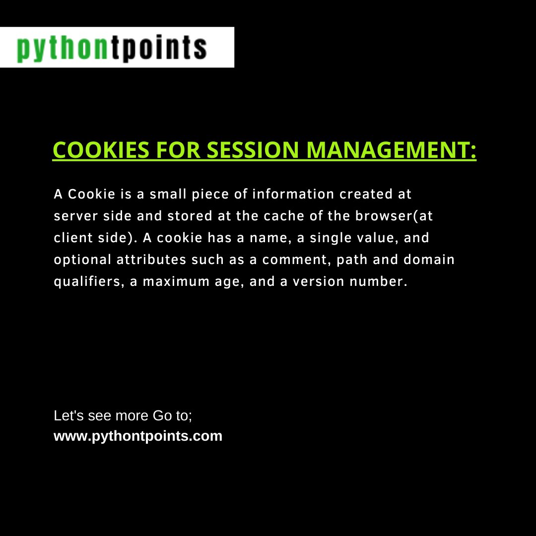 pythontpoint's tweet image. Cookies for session management !!
Learn more with pythontpoints.com
#freetutorial #tutorialsite #technology #freecoursecontent #coursestudy #studymaterial #coursefree #easytolearn #pythontpoints #python #postoftheweek #javacontent #educationalpost #educate