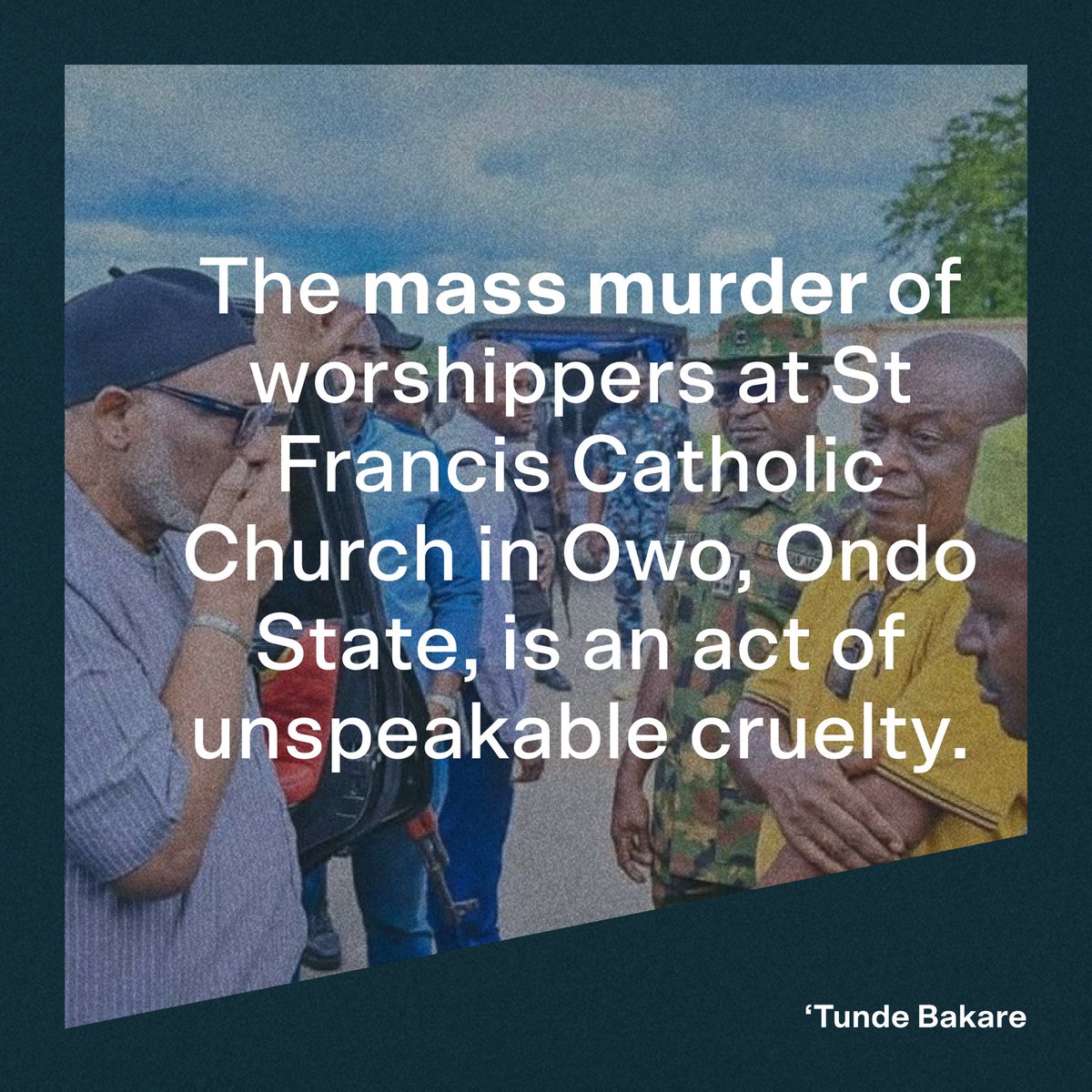 PTB4President (@ptb4president) on Twitter photo "The mass murder of worshippers at St Francis Catholic Church in Owo, Ondo State, is an act of unspeakable cruelty. I grieve with the families whose loved ones were murdered or wounded in the course of devotion and service to God." — <a href="/T_Bakare/">Dr. Tunde Bakare</a>
ptb4president.org/downloads/The_… "The mass murder of worshippers at St Francis Catholic Church in Owo, Ondo State, is an act of unspeakable cruelty. I grieve with the families whose loved ones were murdered or wounded in the course of devotion and service to God." — <a href="/T_Bakare/">Dr. Tunde Bakare</a>
ptb4president.org/downloads/The_…