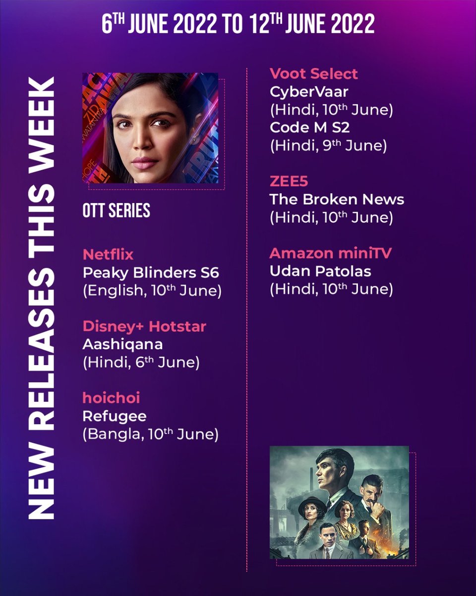 ottplayapp's tweet photo. Find all the latest OTT releases from the 6th of June to the 12th of June in one place! OTTplay gives you personalised recommendations of movies and shows from 50+ OTT platforms. Visit https://t.co/RH2Vka5I84 to get yours.
#aajkyakyadekhoge #whatowatch #newreleases https://t.co/ywbi6w6hbn