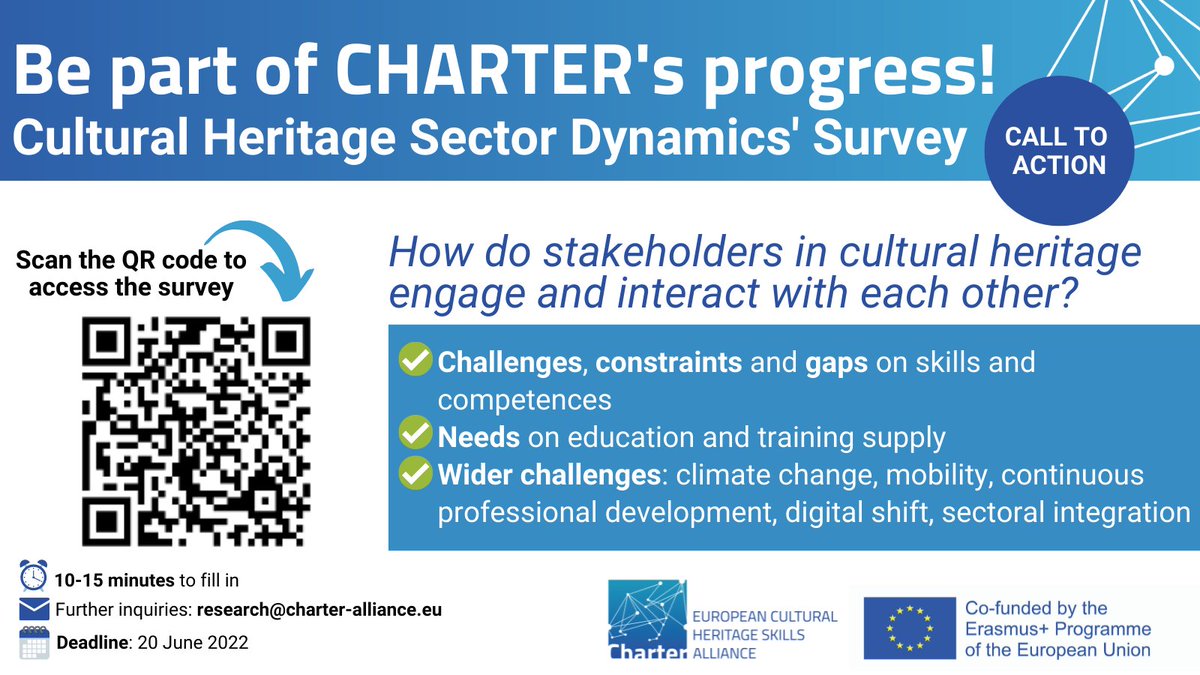 🔵Be part of #CharterAllianceEU's progress💪

👉We're looking to understand how #CulturalHeritage stakeholders #engage and #interact to map and analyse the existing dynamics, as well as those that can develop further.

👇Let us know about you filling our survey below!