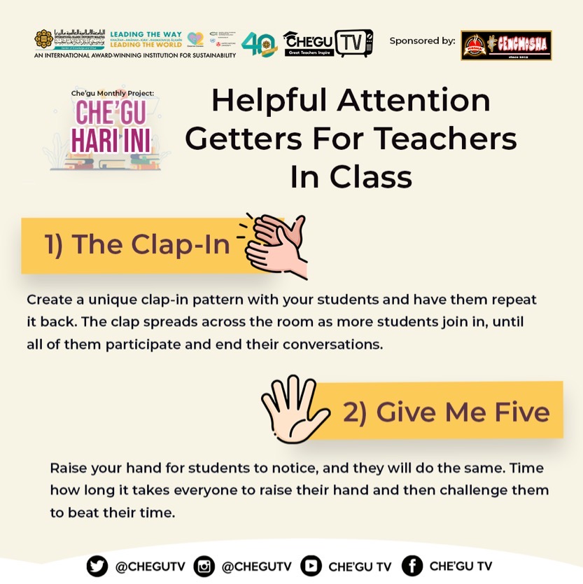 CheguTV's tweet photo. [CHE’GU TV: BATCH '04 CHE'GU MONTHLY PROJECT]

Slot: CHE'GU HARI INI 🧠🧠

Today's topic:
👨🏻‍🏫 Helpful Attention Getters For Teachers in Class 👩‍🏫

GREAT TEACHERS INSPIRE 🔥🔥🔥

#CGTV
#Batch04
#KOEDIIUM https://t.co/CTVZ5kC3dL