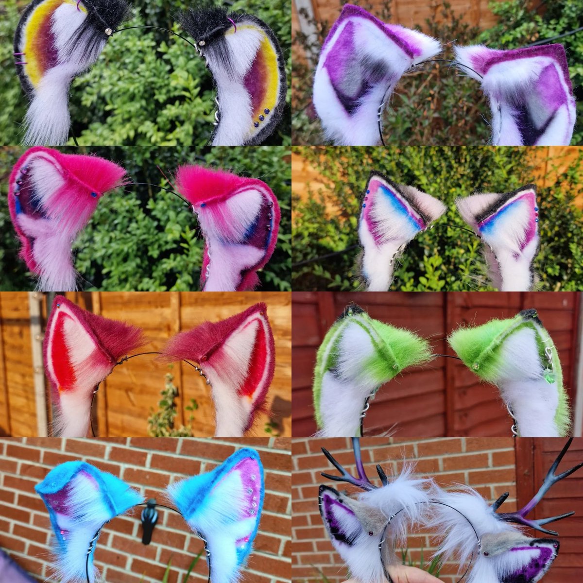 Made pride ears ❤️ (not pictured is pan, poly and rainbow+) 
I'm bi, though I'm in a straight passing relationship. Happy pride month!