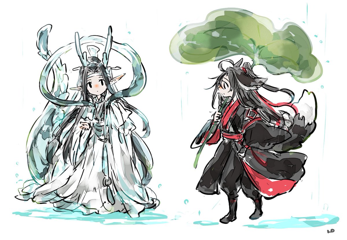 chinese clothes hanfu black hair long hair animal ears tail leaf  illustration images