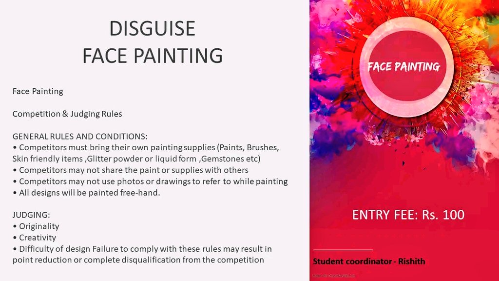TechYuva's tweet photo. Face Painting at Tech Yuva 22 on 8 June at Srinivas University Institute of Engineering & Technology, Mukka, Mangaluru...
#TechYuva #TechYuva22 #SUIET #SrinivasUniversity #Mukka #Mangaluru #Mangalore #TechFest #FacePainting https://t.co/EUsXjfFIxj