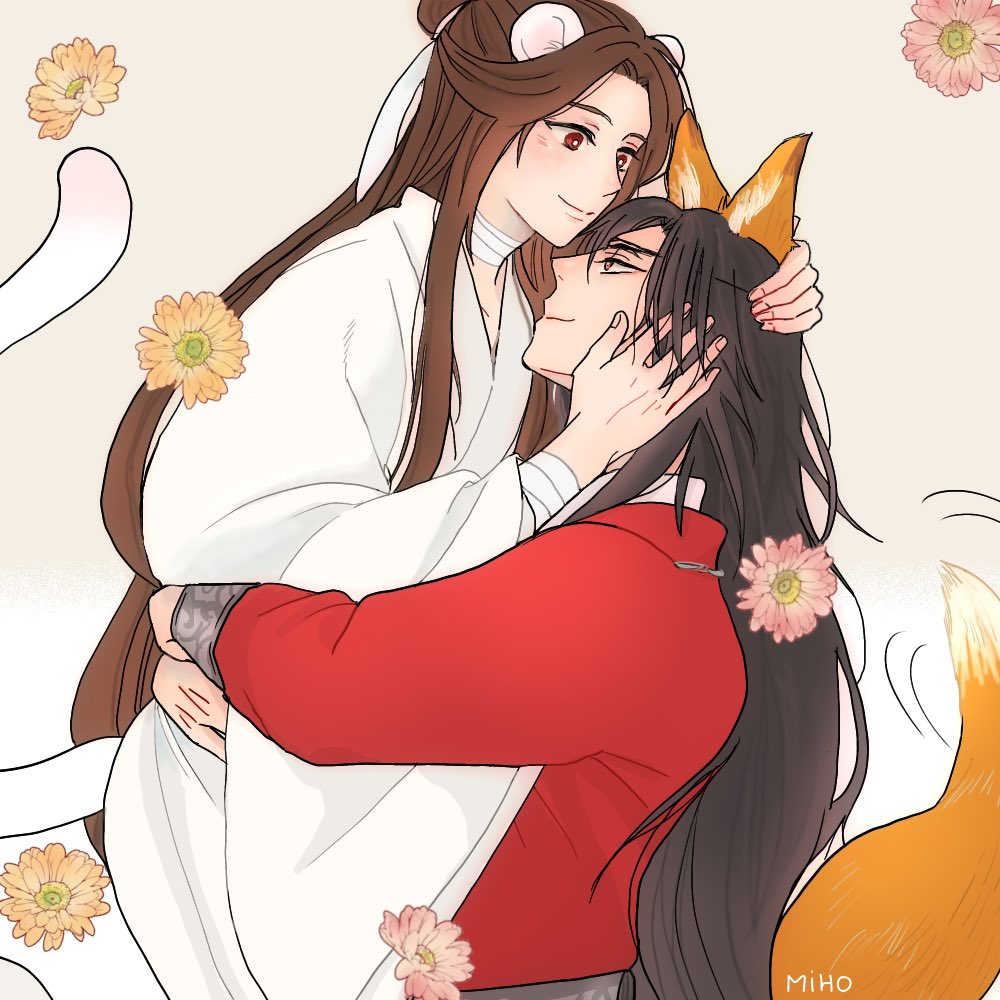 tail animal ears long hair flower 1boy black hair chinese clothes  illustration images