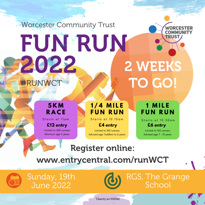 WCTrust's tweet photo. 2 weeks to go until the WCT Fun Run 2022!🏃
Come with a friend, come with your family or get your running group involved and help raise funds for your local community.
Book your place at https://t.co/WnZzjkO72o
#RunWCT #RunWorcester #familyfun #5krun #fundraiser https://t.co/58Ypf5CmKG
