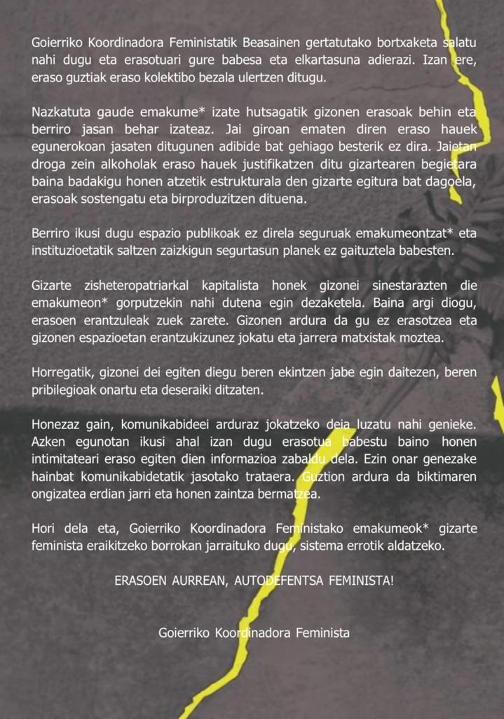 🚨Beasaingo gertakarien harira, Goierriko Koordinadoraren irakurketa.🚨