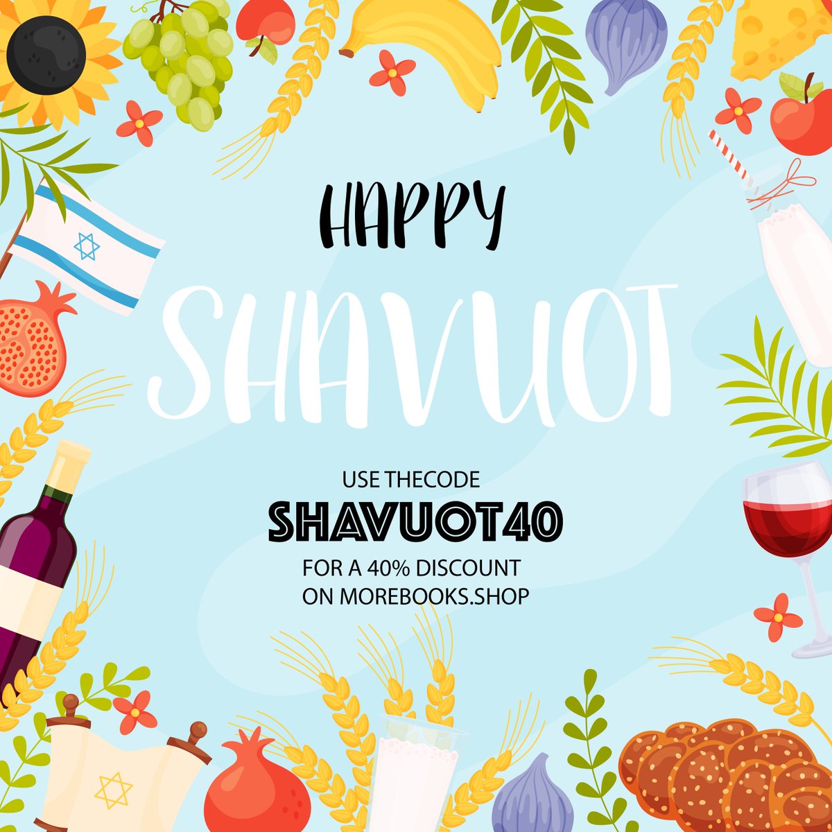 ✨ Today Jews all over the world celebrate the last day of Shavuot also known as “feast of weeks” which commemorates the revelation of the Torah on Mt. Sinai to the Jewish people. Chag Sameach! 🥳 P.S. 🤫 Use the code SHAVUOT40 for a 40% discount on: morebooks.shop