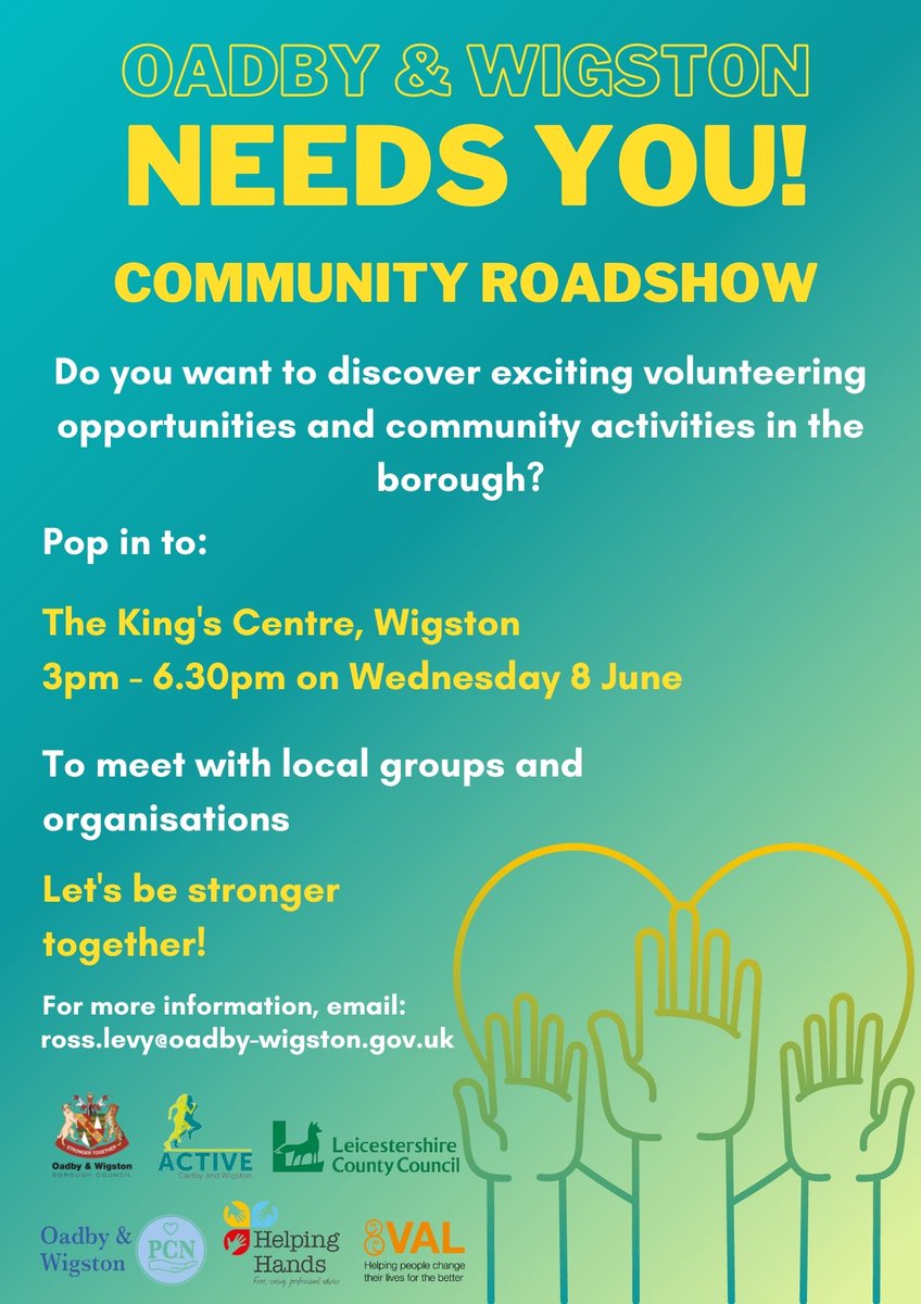 Oadby_Wigston's tweet image. Reminder that the Community Roadshow is taking place this week 🤩

📆 Wednesday 8 June, 3pm - 6.30pm
📌 The King's Centre, Wigston

Meet with local groups and organisations and discover volunteering opportunities and community activities - just turn up!