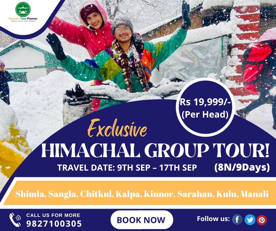 EXCLUSIVE HIMACHAL GROUP PACKAGE!
Experience the beauty of every exotic part of Himachal during this monsoon. Call us and book Himachal tour packages from Raneeta Tour Planner at the best possible prices.
#himachaltourpackages #himachal #himachaltour #domestictourpackages