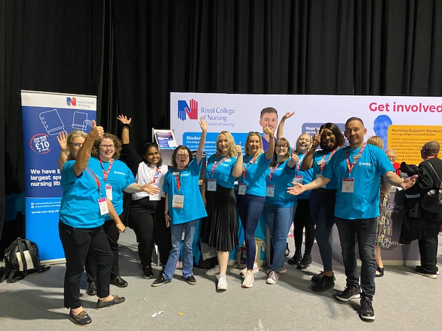 RCNStudents's tweet photo. We're here #RCN22 really kicking off. Come visit us at the student desk or look out for our blue t-shirts! @thercn @RCNNRN @RCNSESA @RCNSWStudents @RCNNI_Students @RCN_NI_NRN @WeStudentNurse @StNurseProject @CYPStNN https://t.co/eZ1bKH2fQw